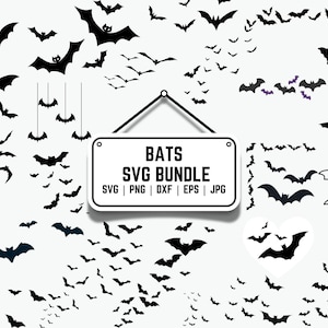 May include: A collection of black bat silhouettes in various sizes and poses, scattered across a white background. A sign reading "BATS SVG BUNDLE" hangs in the center. The image includes SVG, PNG, DXF, EPS, and JPG file formats.
