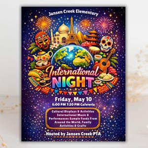 school event flyer,school celebration,editable canva flyer,school poster,festival flyer,elementary event,international fair,cultural night,pta pto flyer,multicultural night,international night,pta event flyer,cultural festival