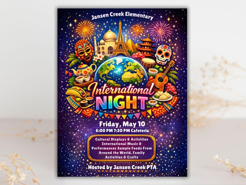 school event flyer,school celebration,editable canva flyer,school poster,festival flyer,elementary event,international fair,cultural night,pta pto flyer,multicultural night,international night,pta event flyer,cultural festival