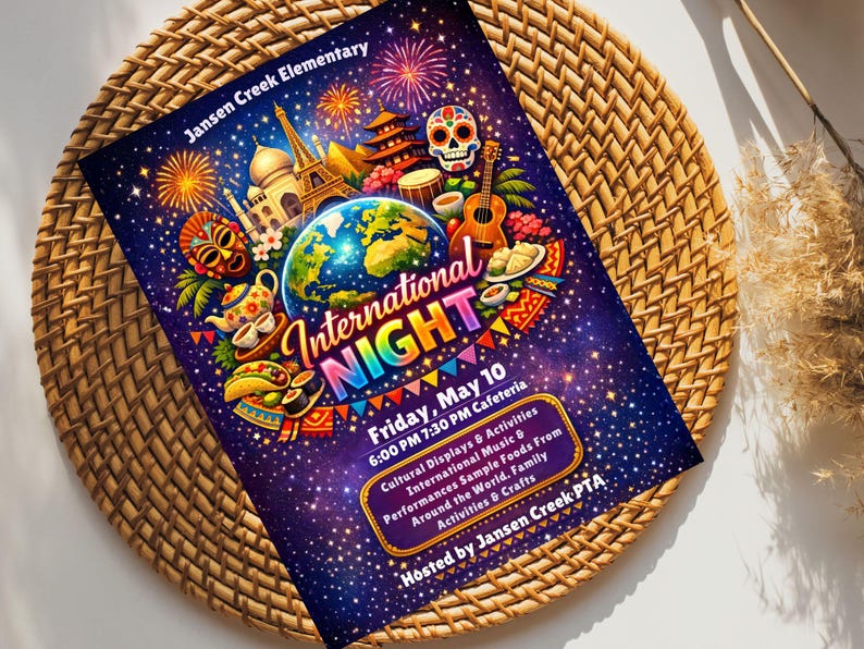 school event flyer,school celebration,editable canva flyer,school poster,festival flyer,elementary event,international fair,cultural night,pta pto flyer,multicultural night,international night,pta event flyer,cultural festival