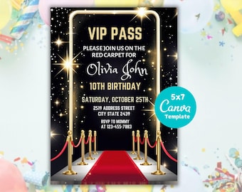 Red Carpet Birthday Invitation, VIP Pass, Editable Canva (Instant Download)