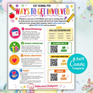 Op de afbeelding: Een kleurrijke 8,5x11 flyer met de titel XZY SCHOOL PTO WAYS TO GET INVOLVED. Het bevat schoolthema-iconen, vier genummerde secties voor betrokkenheid, een vergaderschema voor 2026-2027, drie QR-codes voor aanmeldingen en een Instagram-account.