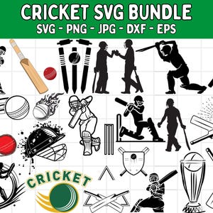 Puede incluir: Un conjunto de gráficos SVG con temática de cricket. Las imágenes incluyen siluetas de jugadores, bates de cricket, pelotas y equipo de protección. El texto "CRICKET SVG BUNDLE" está en la parte superior, con opciones de tipo de archivo debajo.