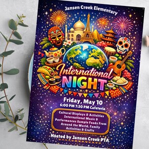 school event flyer,school celebration,editable canva flyer,school poster,festival flyer,elementary event,international fair,cultural night,pta pto flyer,multicultural night,international night,pta event flyer,cultural festival