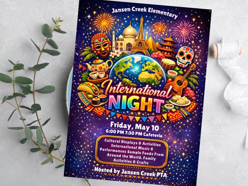 school event flyer,school celebration,editable canva flyer,school poster,festival flyer,elementary event,international fair,cultural night,pta pto flyer,multicultural night,international night,pta event flyer,cultural festival