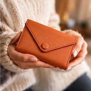May include: A small, rectangular, burnt orange wallet with a textured, pebbled surface. The wallet features an envelope-style flap closure secured by a single matching circular button in the center. The edges are stitched with matching thread.