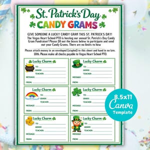 May include: A green and white St. Patrick's Day Candy Gram template. The design includes shamrocks and the text "St. Patrick's Day Candy Grams". The template has spaces for messages and is 21.59cm x 27.94cm.