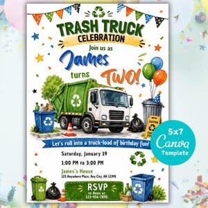 May include: A birthday invitation template featuring a green trash truck, blue recycling bins, and colorful party decorations. The text reads Trash Truck Celebration, James turns TWO, and includes event details for Saturday, January 19, 1:00 PM to 3:00 PM.