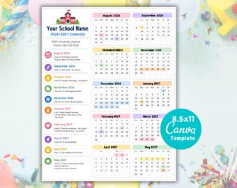 2026–2027 School Year Calendar Template, Editable Canva Flyer (Digital Download)