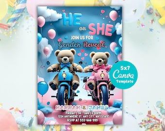 Teddy Bear Gender Reveal Invitation, Pink & Blue, Canva Template (5x7 Inches)