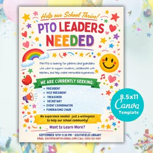 Op de afbeelding: Een kleurrijke flyer met de tekst "PTO LEADERS NEEDED" en een oproep tot actie voor ouders en voogden. De flyer bevat een regenboog, sterren en een smiley, met een Canva-sjabloonontwerp.