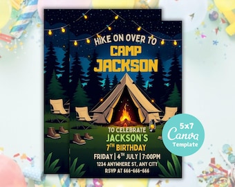 Camping Birthday Invitation: Outdoor Adventure, Editable Template (Digital Download, 5x7 Inches)