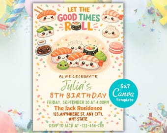 Faire-part d'anniversaire sushi, thème japonais, modèle de toile modifiable (5 x 7 pouces) (PDF numérique téléchargeable)