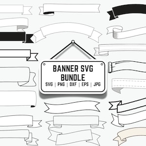 Op de afbeelding: Een verzameling verschillende bannerontwerpen in zwart en wit. De afbeelding bevat een bord met de tekst "BANNER SVG BUNDLE" met bestandstype-opties. De banners variëren in vorm en stijl, geschikt voor digitale ontwerpprojecten.