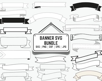 Puede incluir: Una colección de diseños de banners en blanco y negro. La imagen incluye un letrero que dice "BANNER SVG BUNDLE" con opciones de tipo de archivo. Los banners varían en forma y estilo, adecuados para proyectos de diseño digital.