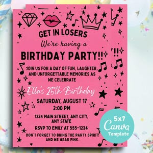 Invitación de cumpleaños inspirada en Chicas Pesadas, Fiesta de Noche de Chicas Pesadas, Invitación rosa de Chicas Pesadas para Noche de Chicas (18-21 años), Plantilla editable de Canva