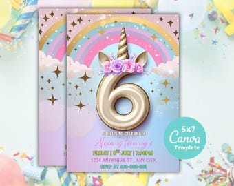 Editable 6th Birthday Unicorn Invitation: Pastel Rainbow Party (PDF Download 5x7 Inches)