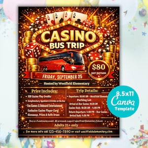 May include: A promotional flyer for a casino bus trip, featuring a red bus, casino chips, dice, and playing cards. The flyer includes the text "CASINO BUS TRIP" and details about the trip, including the date, price, and itinerary.