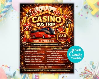 May include: A promotional flyer for a casino bus trip, featuring a red bus, casino chips, dice, and playing cards. The flyer includes the text "CASINO BUS TRIP" and details about the trip, including the date, price, and itinerary.