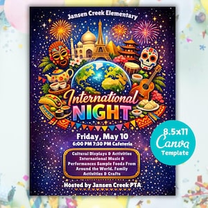 school event flyer,school celebration,editable canva flyer,school poster,festival flyer,elementary event,international fair,cultural night,pta pto flyer,multicultural night,international night,pta event flyer,cultural festival