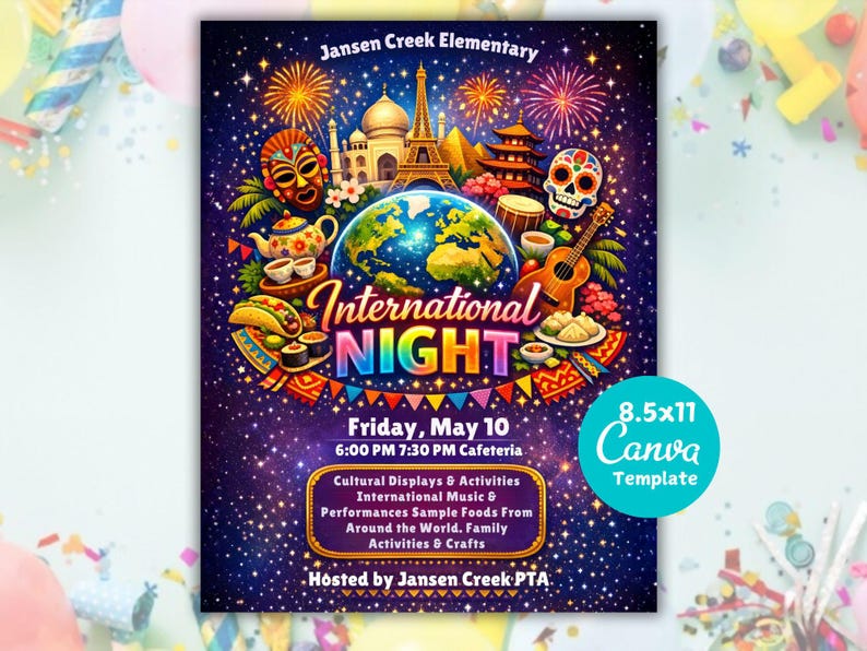 school event flyer,school celebration,editable canva flyer,school poster,festival flyer,elementary event,international fair,cultural night,pta pto flyer,multicultural night,international night,pta event flyer,cultural festival