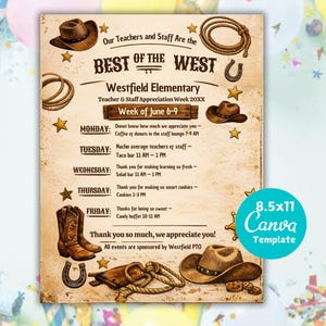 May include: A rustic-themed flyer for Westfield Elementary's Teacher & Staff Appreciation Week. The design features cowboy hats, a horseshoe, and a rope. The flyer includes a schedule of events for the week of June 6-9.