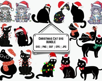 Kerst kat svg bundel, schattige kerst katten png, kat gezicht svg, schattige kat svg gesneden bestanden, kerst svg ontwerpen, kerst kat sublimatie