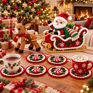 May include: A crochet reindeer pulling a red and white crochet sleigh with a Santa Claus figure, accompanied by two ceramic mugs and four round crochet coasters featuring peppermint and holly designs on a wooden surface.
