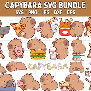 May include: A collection of cute cartoon capybara illustrations in various poses, holding items like pizza, a laptop, and a burger. The image includes the text "CAPYBARA SVG BUNDLE" and file type options: SVG, PNG, JPG, DXF, and EPS.