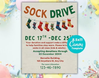 Winter Sock Drive Flyer Template: Charity Fundraiser (Canva Editable, Printable)