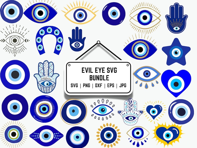 May include: A collection of blue and white evil eye designs, including eye shapes, Hamsa hands, and a horseshoe. A sign reads "EVIL EYE SVG BUNDLE" with file type options.