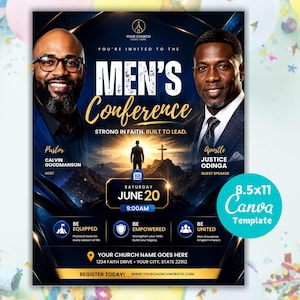 Puede incluir: Una plantilla de folleto azul oscuro y dorado para una conferencia de hombres con fotos de dos oradores, el texto "MEN'S Conference", "STRONG IN FAITH, BUILT TO LEAD", "SATURDAY JUNE 20" y una insignia circular "8.5x11 Canva Template".