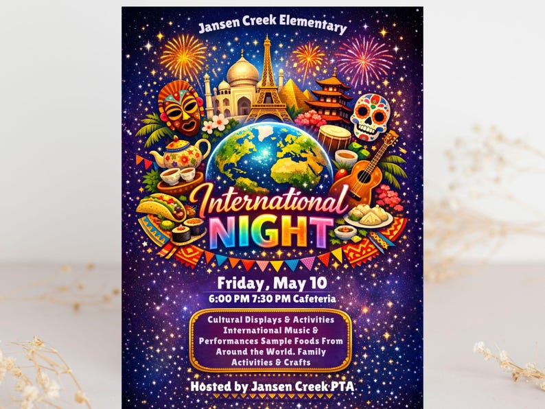 school event flyer,school celebration,editable canva flyer,school poster,festival flyer,elementary event,international fair,cultural night,pta pto flyer,multicultural night,international night,pta event flyer,cultural festival