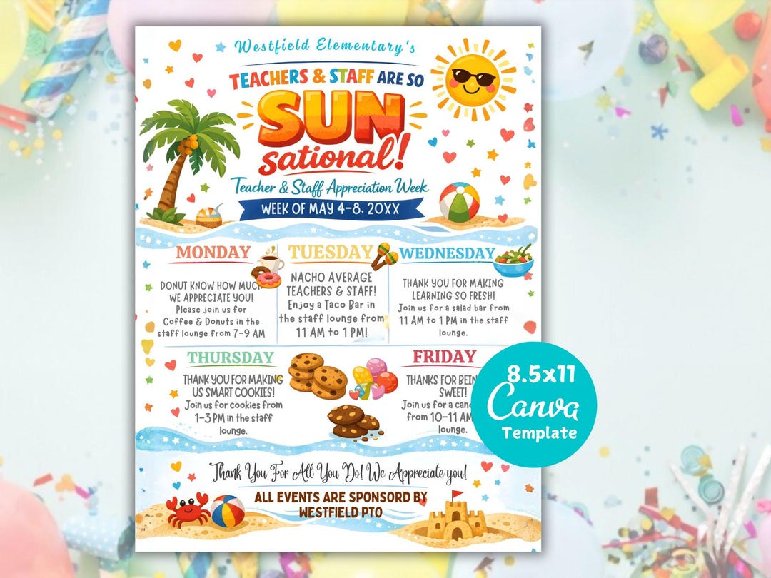 Editable Beach Theme Teacher & Staff Appreciation Sunsational Itinerary ...