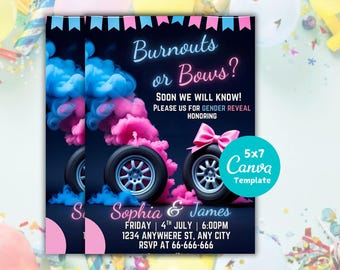 May include: A gender reveal invitation with a dark blue background. The text "Burnouts or Bows?" is in light blue and pink. Two car tires with pink and blue smoke are featured. The invitation is a 5x7 Canva template.
