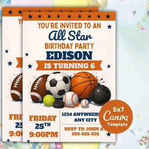 Allstar Sports Birthday Invitation: Editable Canva Template (5x7 Inches, Digital Download)