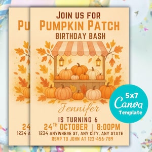 May include: Two fall-themed birthday invitations. The design features a pumpkin patch illustration with pumpkins and autumn leaves. The text reads "Join us for Pumpkin Patch Birthday Bash" and includes event details.