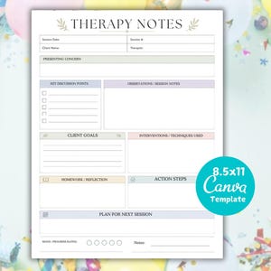 Vorlage für Therapiesitzungsnotizen zum Ausdrucken, Formulare für Therapeuten und Psychologen, Therapiearbeitsblatt. Therapiesitzungsprotokoll, Therapeutennotizen (PDF)
