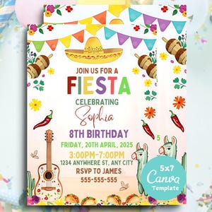 Fiesta Birthday Invitation, Mexican Theme Invitation, Fiesta Invitation, Mexican Papel Birthday Invite, Canva Editable Invitation Template