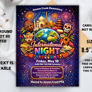 school event flyer,school celebration,editable canva flyer,school poster,festival flyer,elementary event,international fair,cultural night,pta pto flyer,multicultural night,international night,pta event flyer,cultural festival