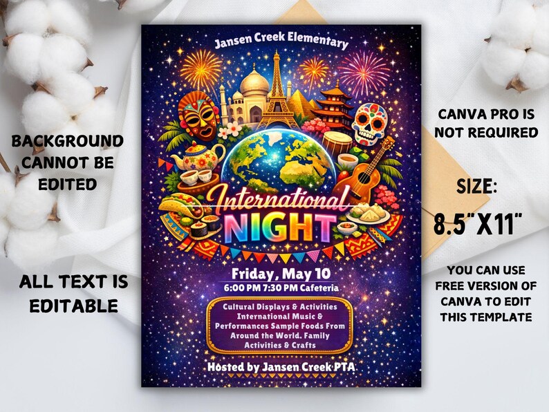 school event flyer,school celebration,editable canva flyer,school poster,festival flyer,elementary event,international fair,cultural night,pta pto flyer,multicultural night,international night,pta event flyer,cultural festival