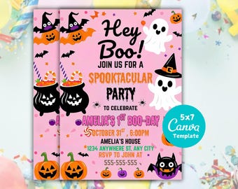 Pink Halloween Ghost Birthday Invitation: Editable Canva Template (5x7 Inches PDF)