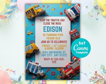 Transportation Birthday Invitation, Truck, Train, Cars (Digital Download)
