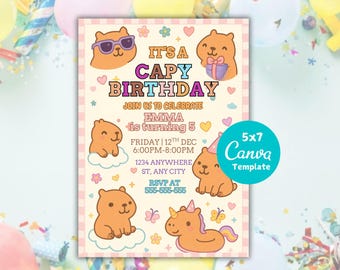 Capybara Birthday Invitation, Kids Party Template (Digital Download, 5x7)