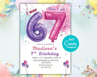 Six to Seven Birthday Invitation, Neon Kids Party, Editable Canva (5x7 Inches) (PDF)