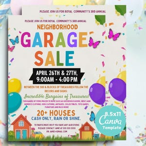 Könnte beinhalten: Ein Flyer für einen Garagenverkauf in der Nachbarschaft mit farbenfrohem Text und Grafiken. Der Flyer enthält die Daten, Uhrzeiten und den Ort des Verkaufs sowie eine Liste der zum Verkauf stehenden Artikel. Ballons und Schmetterlinge schmücken den Flyer.