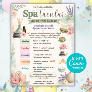 Op de afbeelding: Een flyer met spathema voor de Week van Waardering voor Leerkrachten en Personeel, 22-27 mei 20XX. Het ontwerp bevat spa-elementen zoals kaarsen, stenen en bloemen. De flyer is een 21,59 x 27,94 cm Canva-sjabloon.
