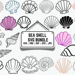 Może przedstawiać: Kolekcja ilustracji muszli w różnych stylach i kolorach, w tym różowym, niebieskim i czarnym. Obraz zawiera znak z napisem "SEA SHELL SVG BUNDLE". Pakiet zawiera formaty SVG, PNG, DXF, EPS i JPG.