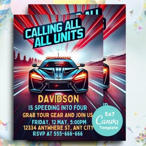 Editable Police Birthday Invitation, Cop Car Party Invite Template, Boys Birthday Evite, Police Officer, Calling All Units, Instant Download