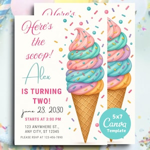 Ice Cream Birthday Invitation. Icecream Sweet Party Here&#39;s the Scoop Pink Purple Gold Girl Birthday EDITABLE Invite. Printable Download